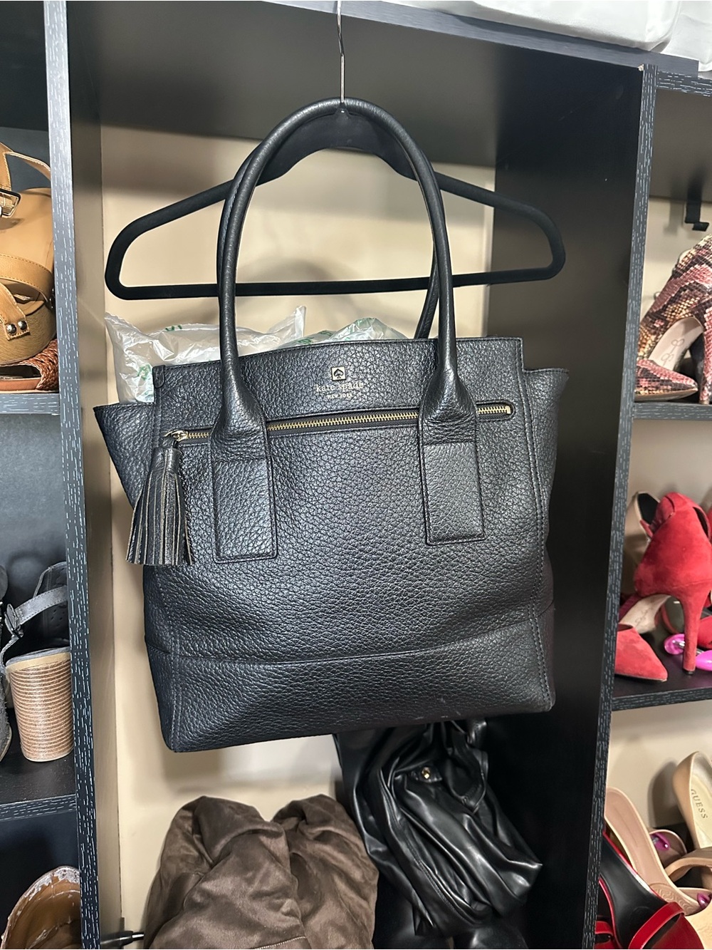 kate spade Black Pebbled Leather Satchel with Tassel